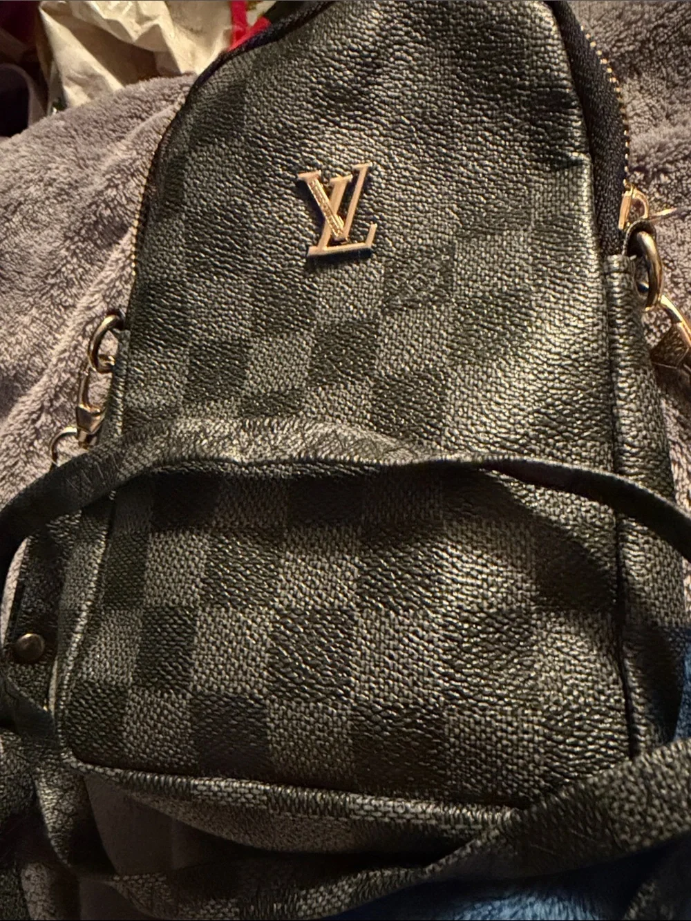Black Bag with Gold Hardware and gray Accent filled